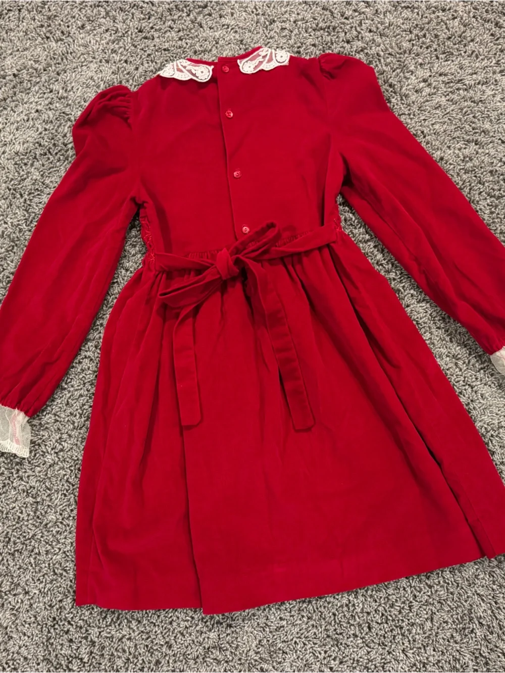 Vintage Polly Flinders Girls Red Velvet Dress with Lace Collar and embroidey